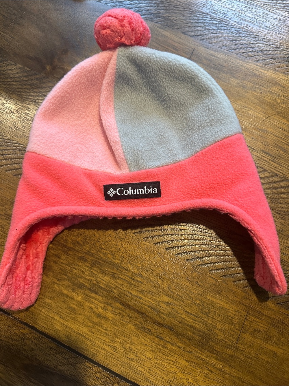 Columbia Pink and Gray Fleece Pom Earflap Hat